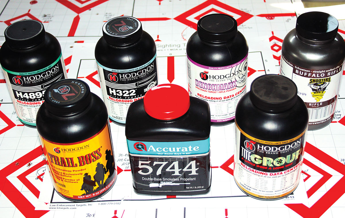 Powders used to create subsonic loads in the 308 Win and 30-06 included (top, left to right) Hodgdon 4895, H-322 and Benchmark, and Shooters World Buffalo Rifle; and (front, left to right) Hodgdon Trail Boss, Accurate 5744 and Hodgdon Titegroup.